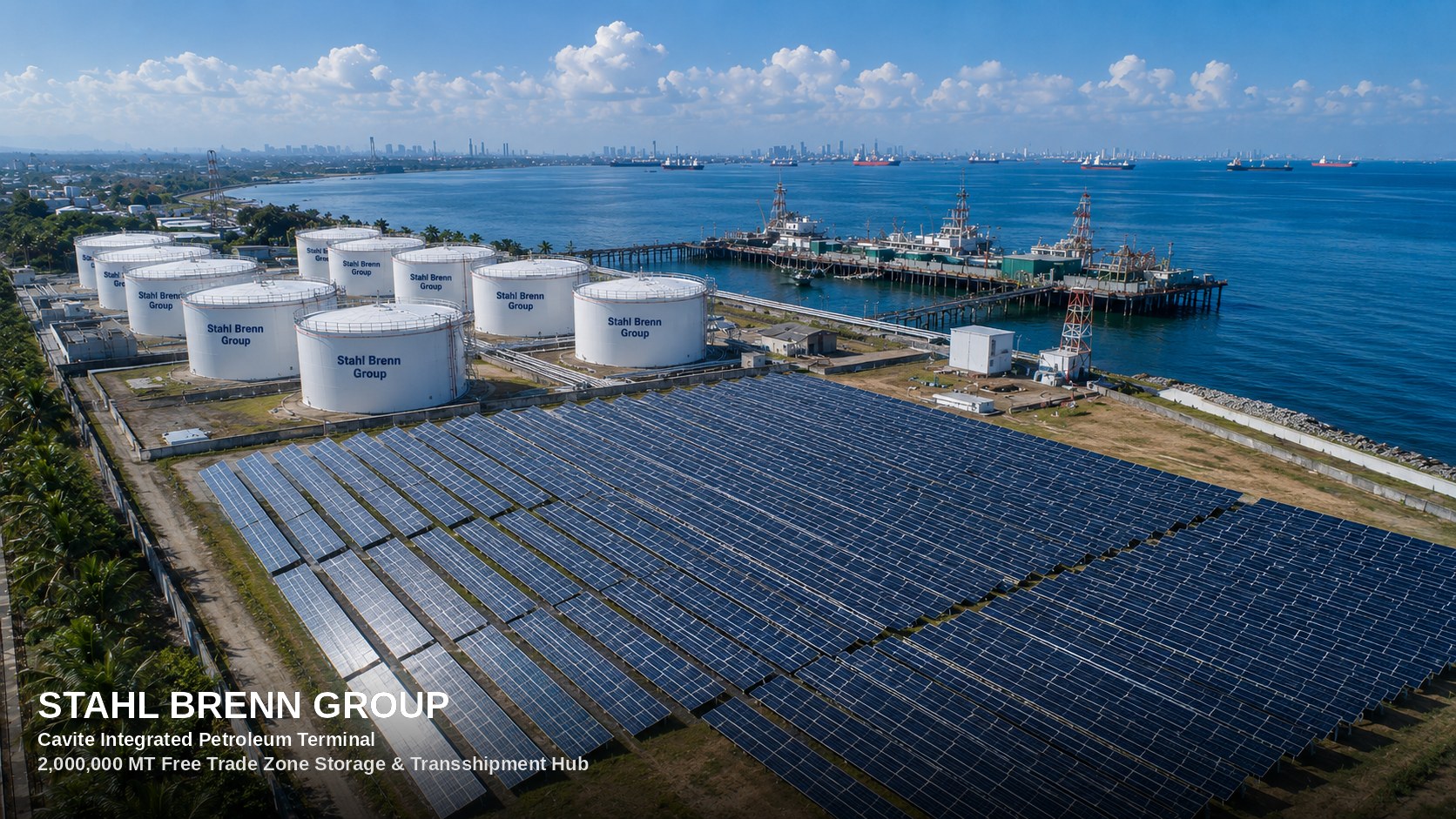 Aerial daytime view of the Cavite terminal with solar array, tanks, and jetty