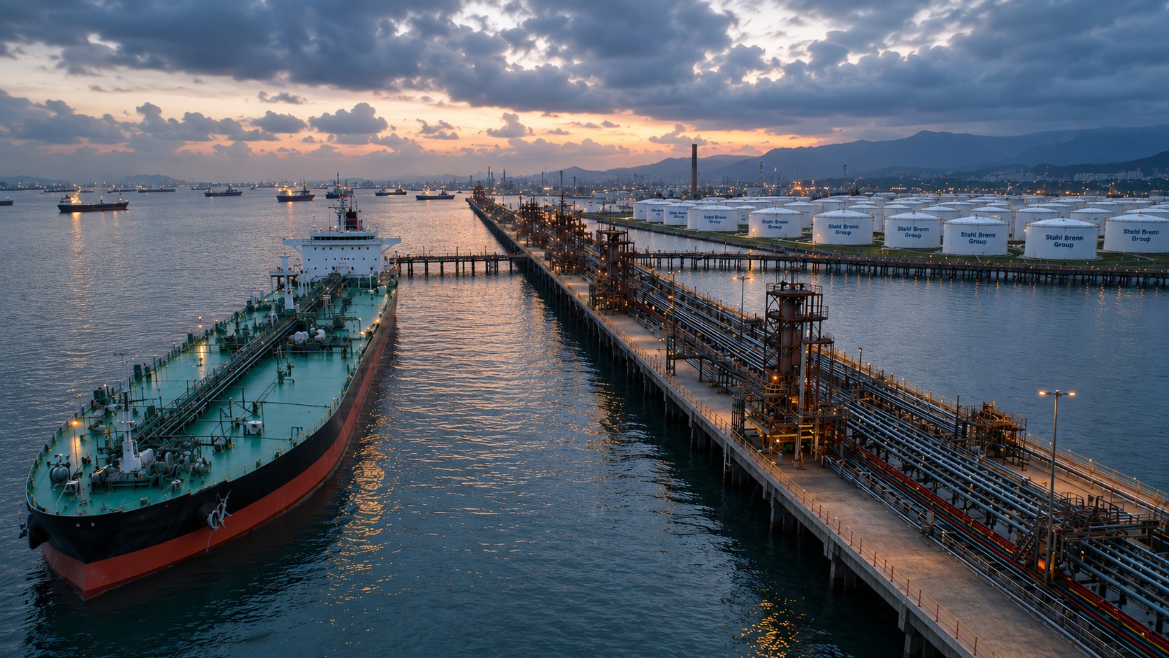 Sunset view of the marine jetty and pipe rack with tanker berthed