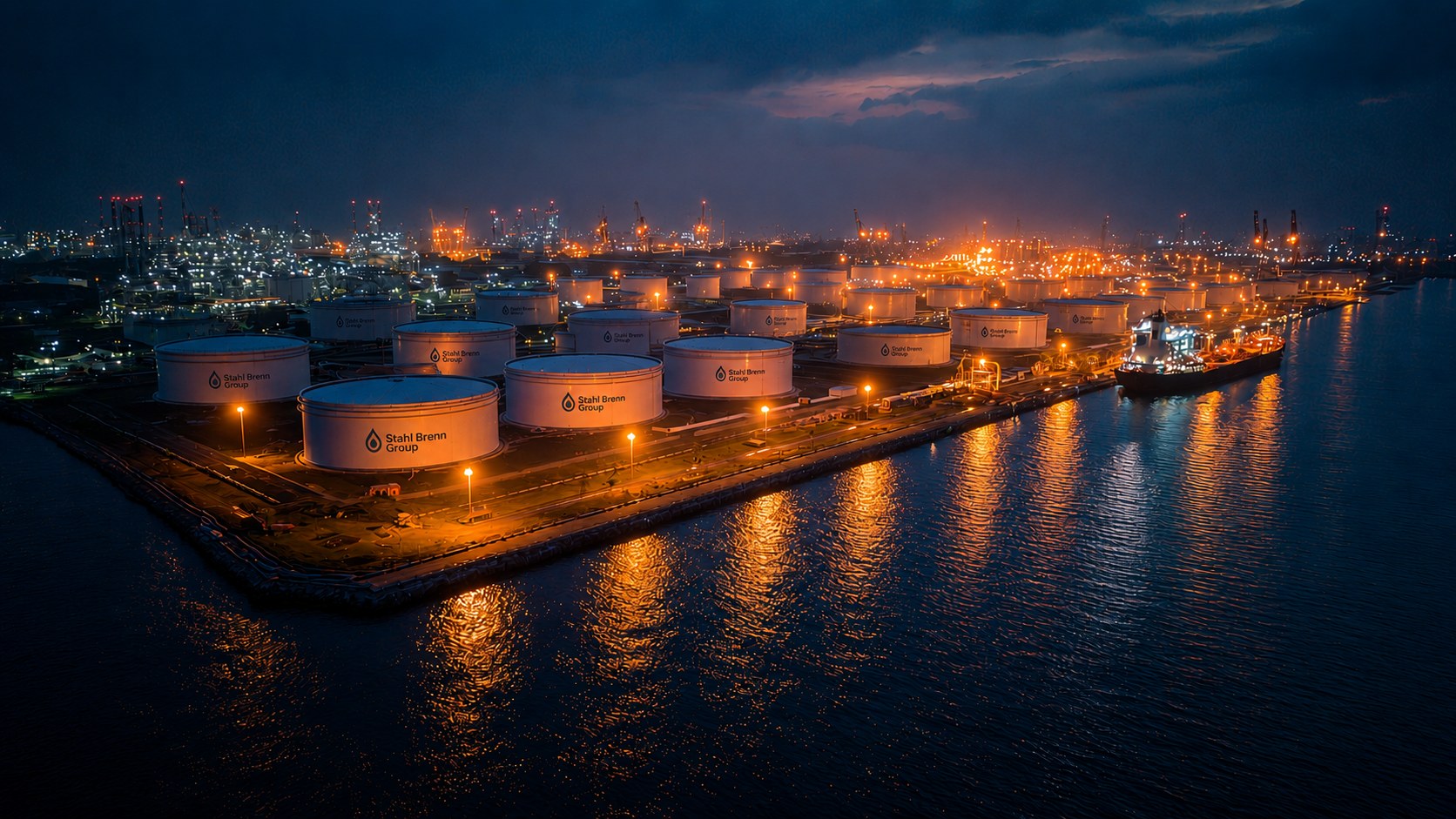 Terminal night operations view, tanks and jetty lit at night